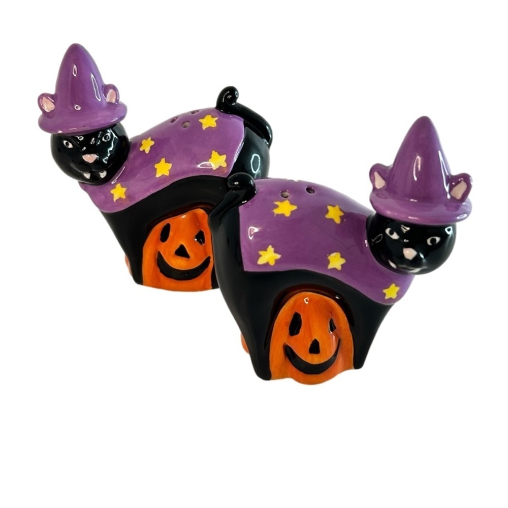 Black Witch Cat and Pumpkin Salt and Pepper Shakers
